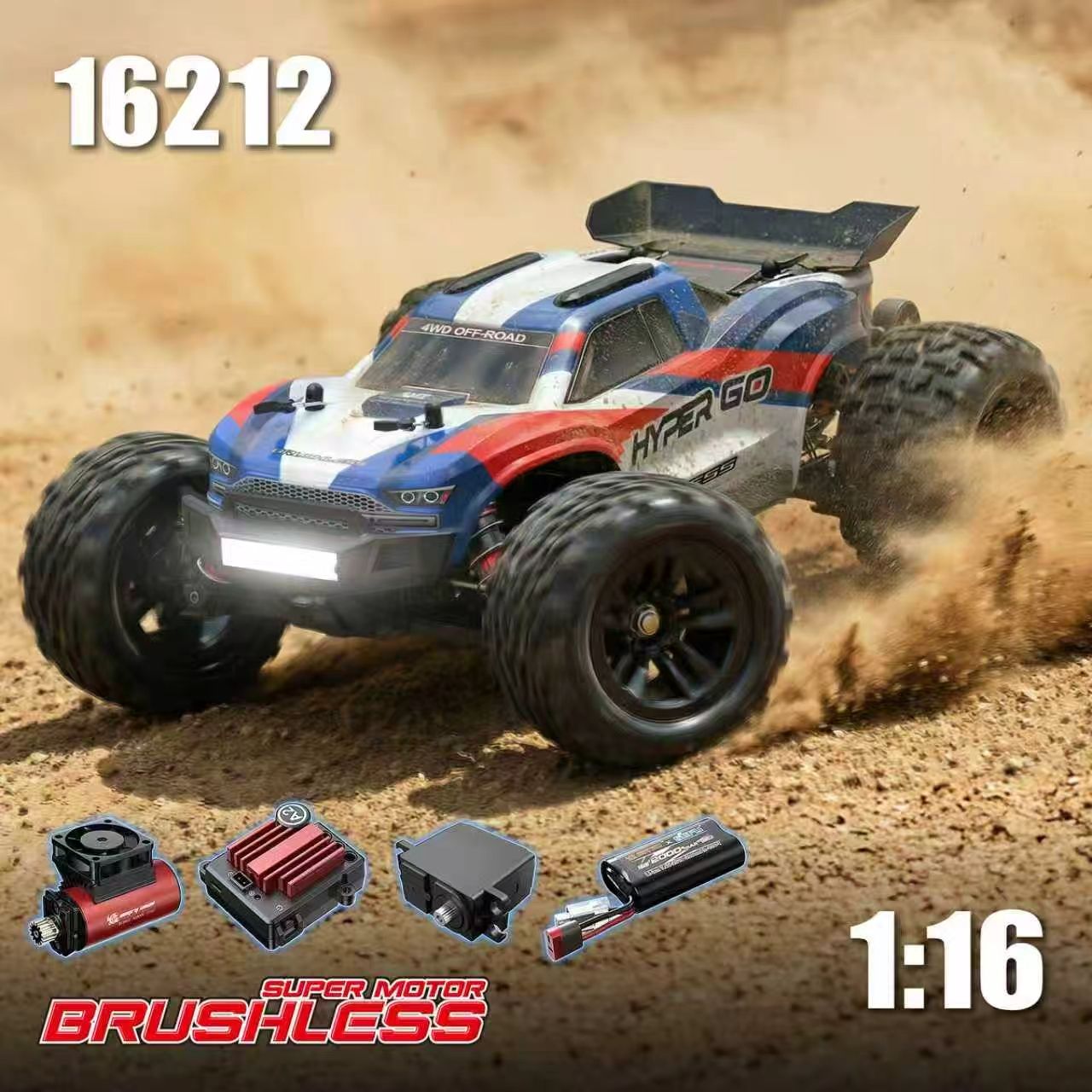 MJX Hyper Go 16212 1:16 brushless truggy marketing composite: red white and blue truggy kicking up dust with LED light bar on, plus close-ups of the 2845 brushless motor with cooling fan, 45A brushless ESC, 17g digital servo and 2S 2000mAh battery with T-plug