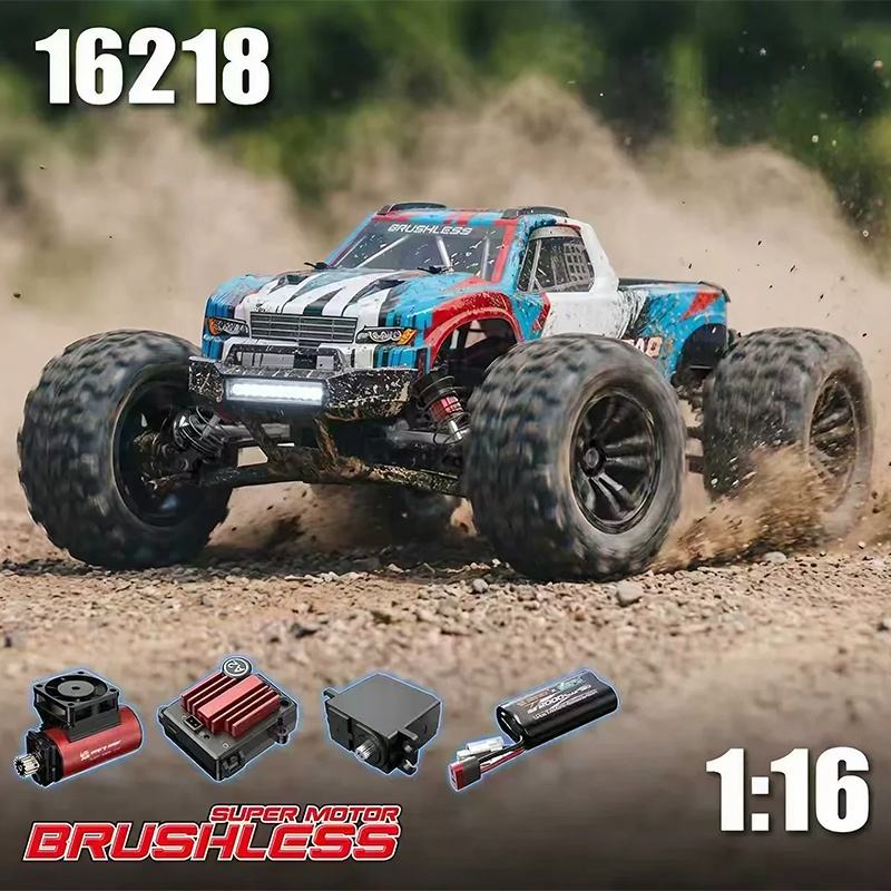 MJX Hyper Go 16218 1:16 brushless monster truck marketing composite: blue red and white monster truck kicking up dust with LED light bar on, plus close-ups of the 2845 brushless motor with cooling fan, 45A brushless ESC, 17g digital servo and 2S 2000mAh battery with T-plug
