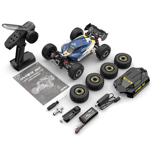 MJX Hyper Go 16213 what is in the box: T3D 2.4GHz transmitter, buggy with blue #2 race shell fitted, spare black and yellow HYPER GO stealth shell, four spare off road wheels, 2S 2000mAh battery, USB charger, wheelie bar assembly, tools, screws and user manual