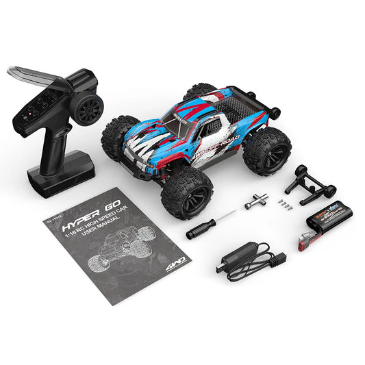 MJX Hyper Go 16218 what is in the box: T3D 2.4GHz transmitter, monster truck with body fitted, 2S 2000mAh battery with T-plug, USB charger, wheelie bar assembly, tools, screws and user manual