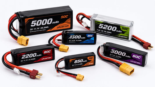 A selection of lipo batteries with various RC connectors