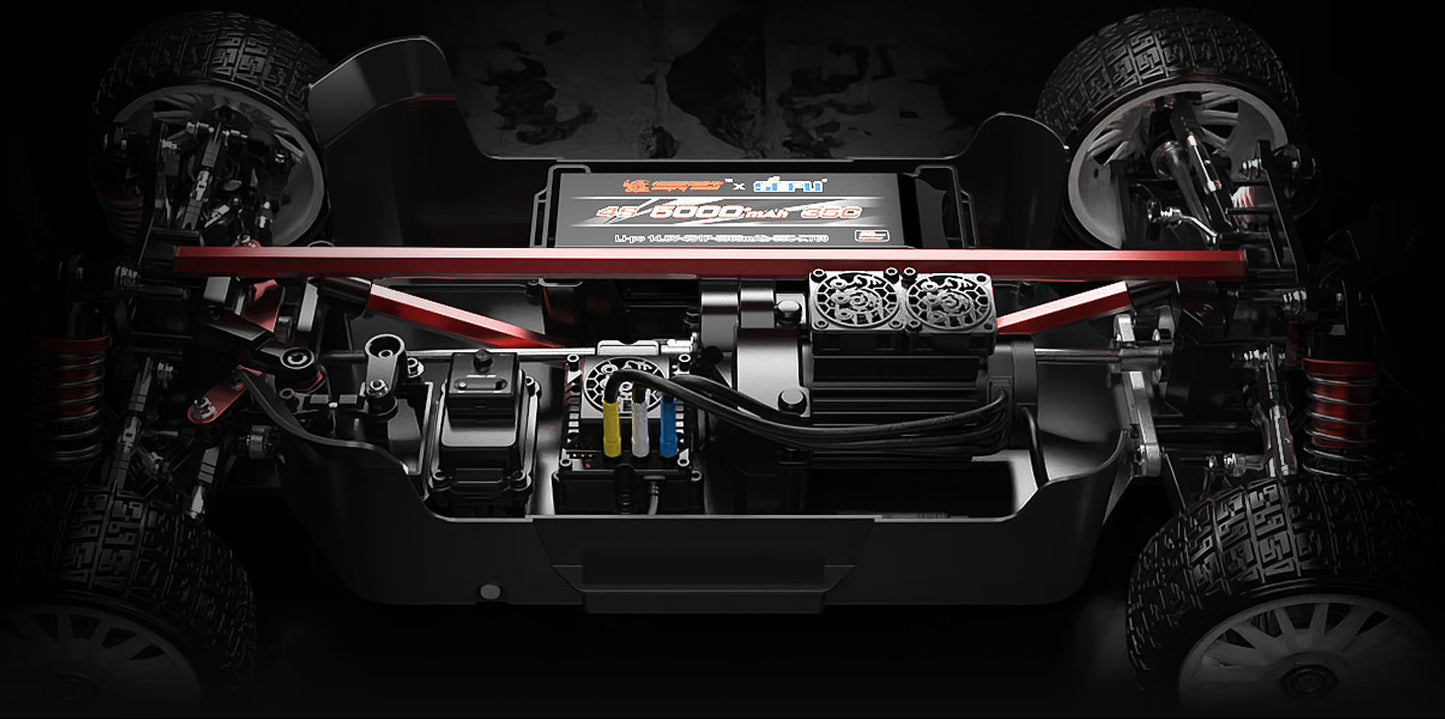 Close-up of vehicle chassis with visible components on a dark background