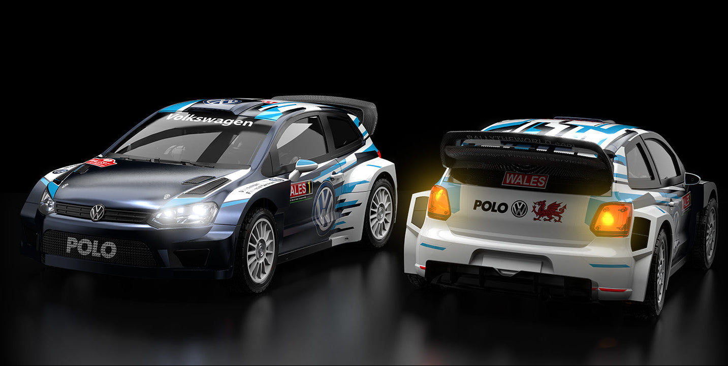 Two mjx 7304 1:7 rally cars on a reflective surface with a black background