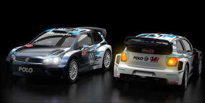 Two mjx 7304 1:7 rally cars on a reflective surface with a black background