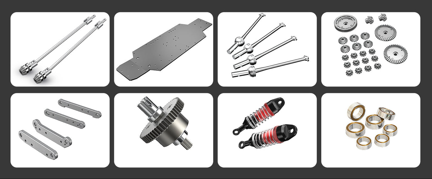 Collection of MJX 7304 mechanical parts on a dark background