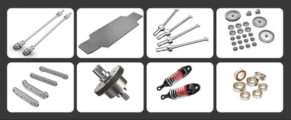 Collection of MJX 7304 mechanical parts on a dark background