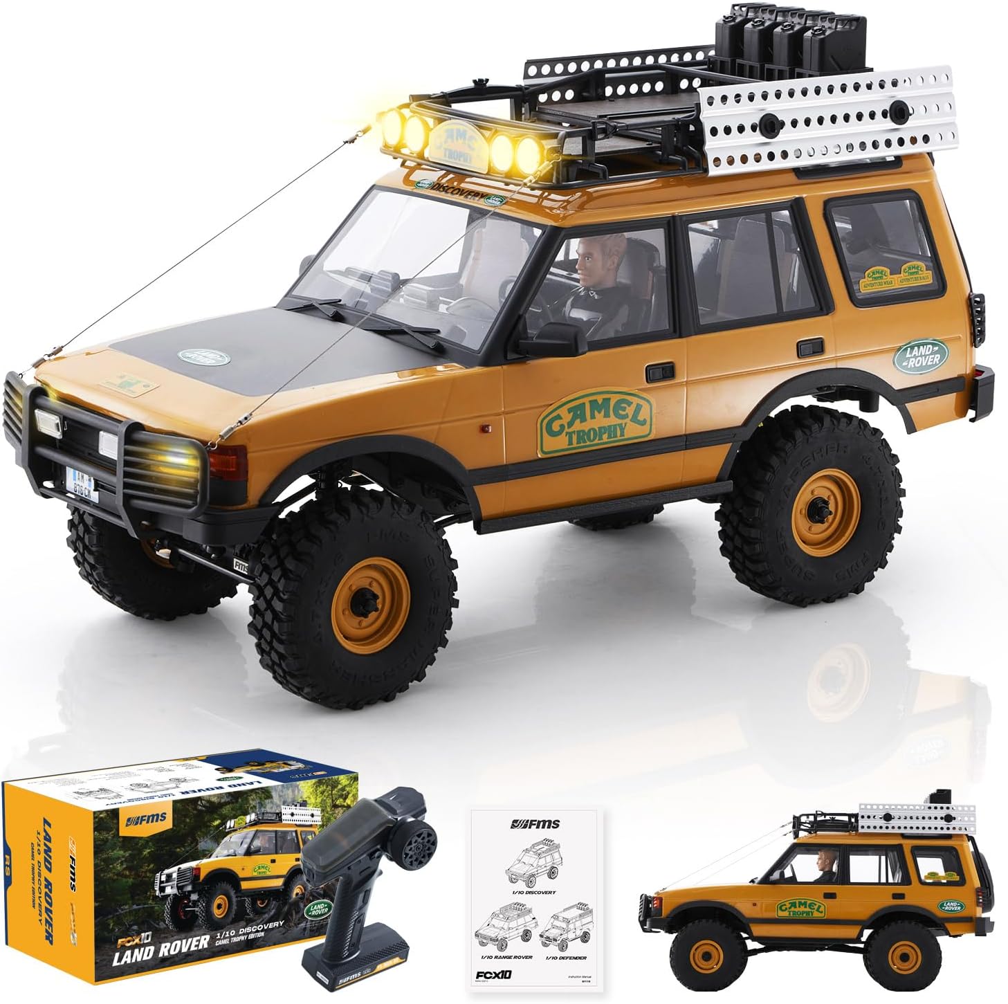 FMS FCX10 Land Rover Discovery RC Crawler with LED lights on, box, transmitter and manual