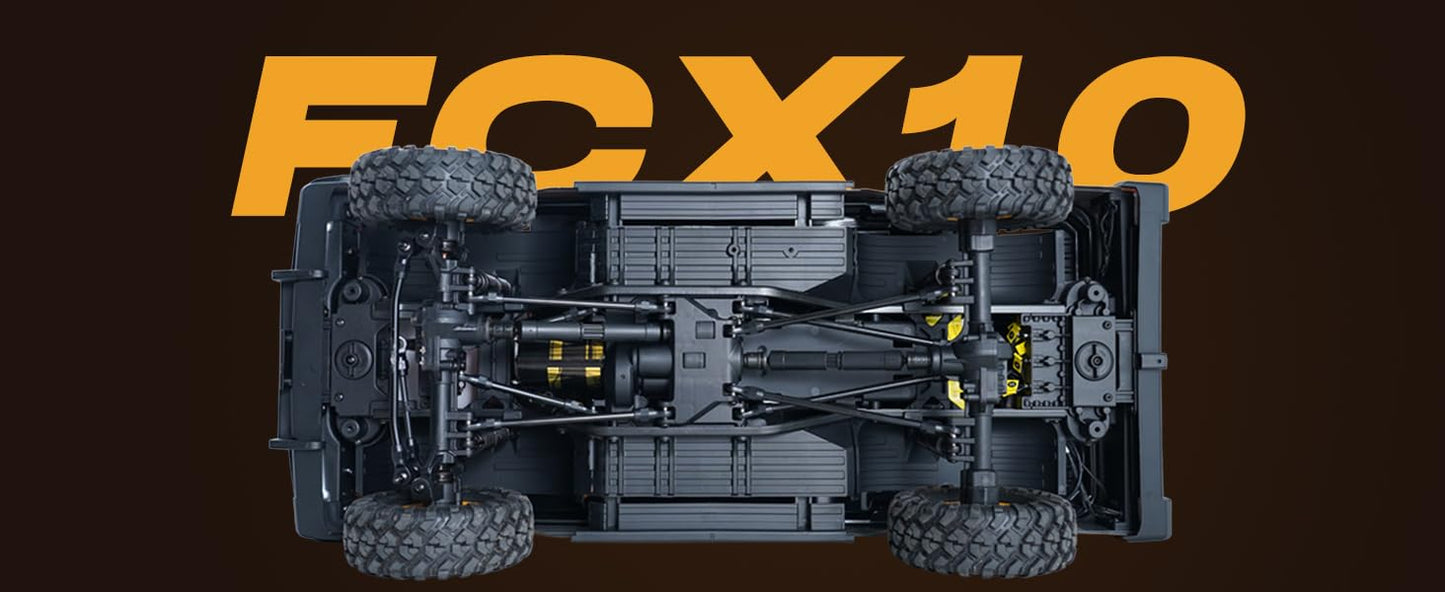 FMS FCX10 chassis underside view showing four-link suspension and straight axles