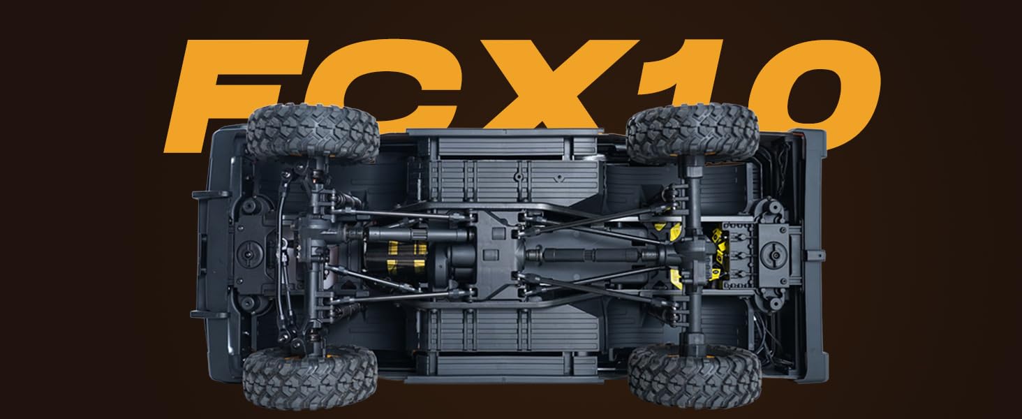 FMS FCX10 chassis underside view showing four-link suspension and straight axles