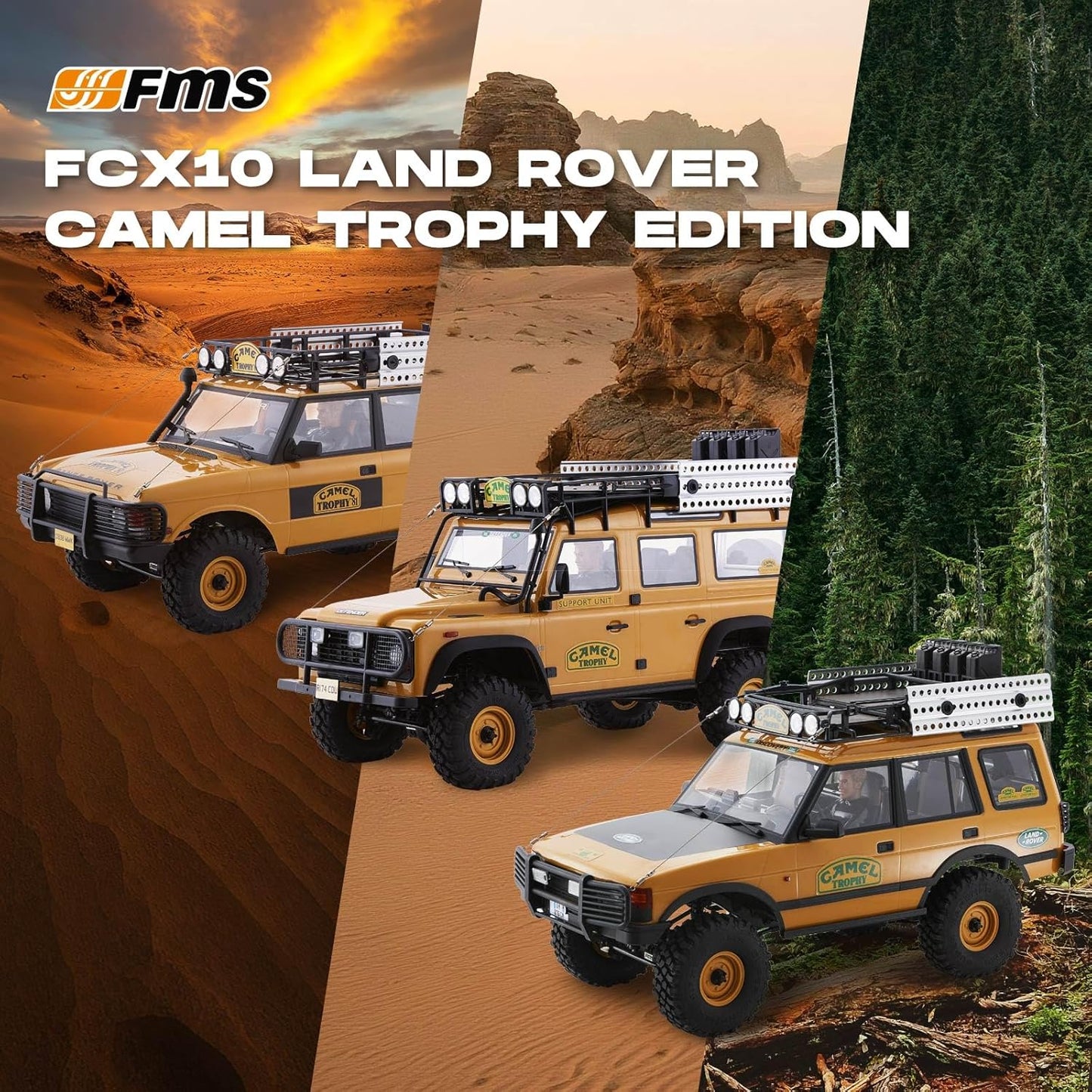 FMS FCX10 Land Rover Camel Trophy Edition - Discovery, Defender and Range Rover lineup