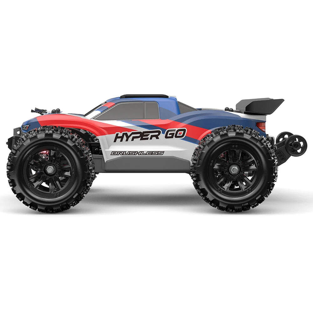 MJX Hyper Go 16212 1:16 brushless truggy front view with LED light bar illuminated, 4WD OFF-ROAD windshield decal and big off road tyres angled outward