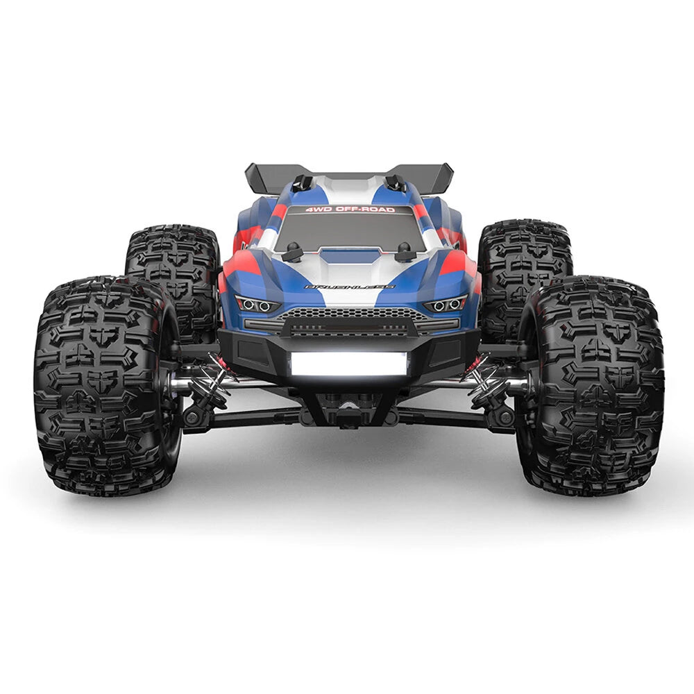 MJX Hyper Go 16212 1:16 brushless truggy left side profile in red white and blue Hyper Go livery with rear wing and wheelie bar
