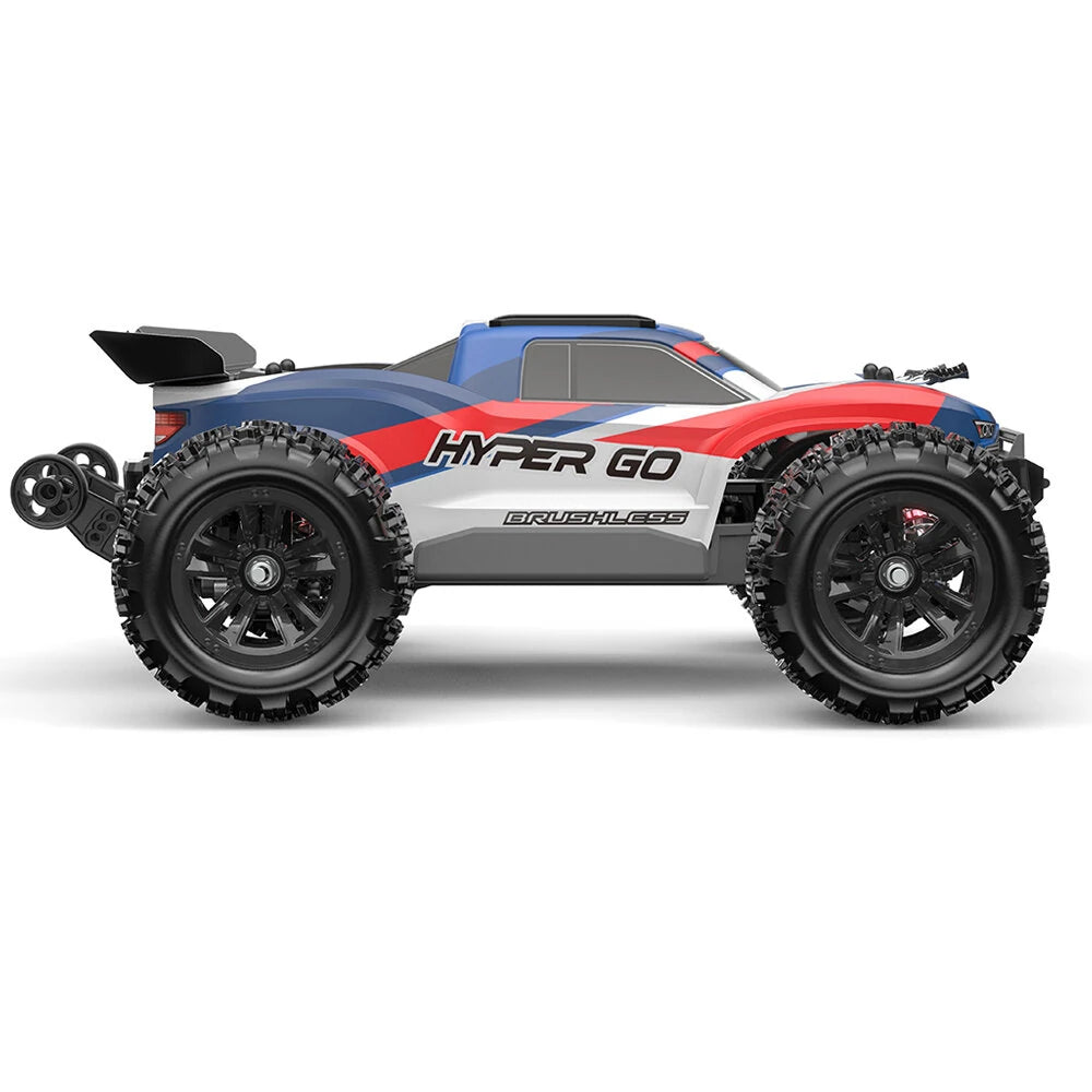 MJX Hyper Go 16212 chassis top down view showing 2S 2000mAh battery, receiver, 45A brushless ESC with red heat sink, cooling fan, 2845 brushless motor and metal drivetrain with red anodised oil filled shocks