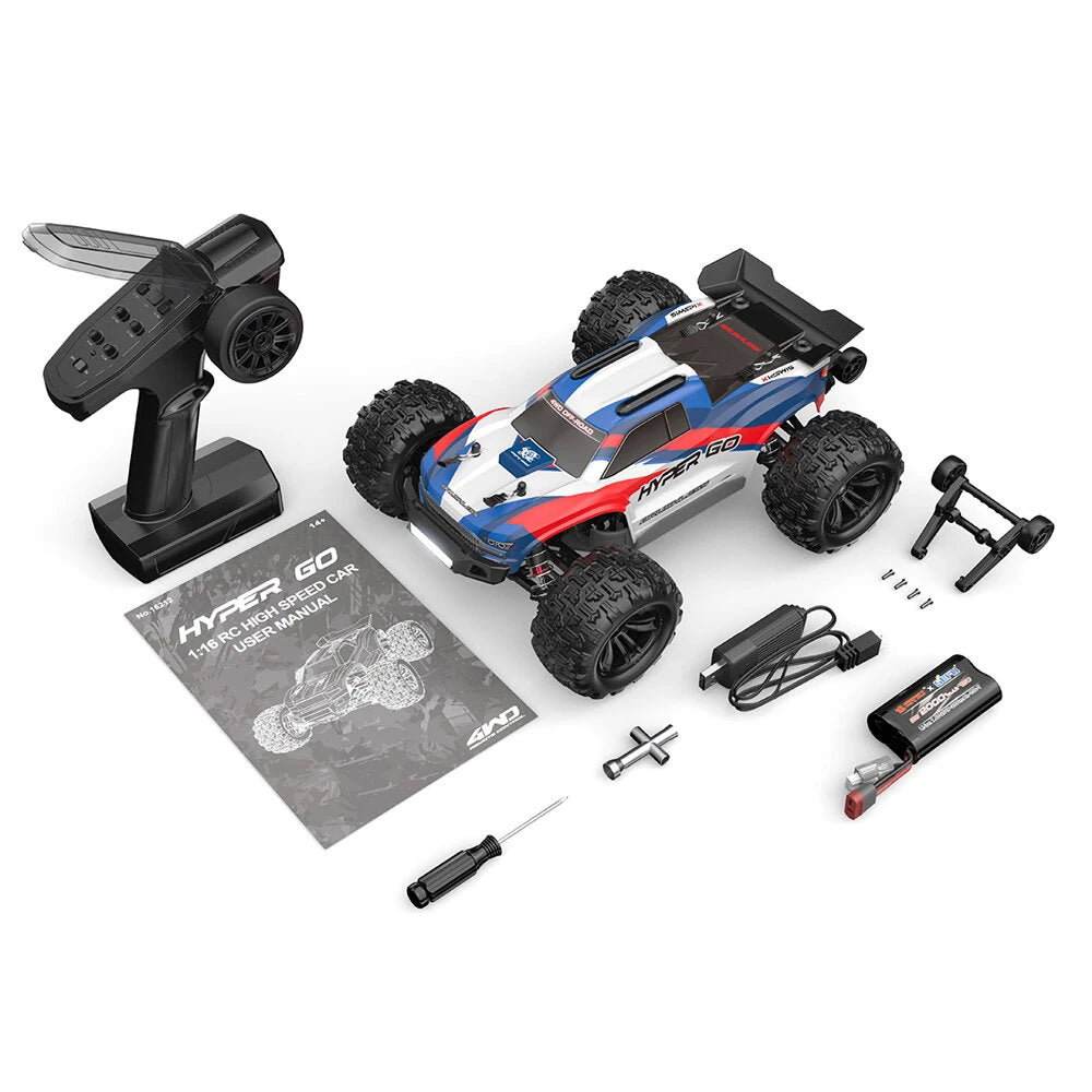 MJX Hyper Go 16212 1:16 brushless truggy right side profile in red white and blue Hyper Go livery