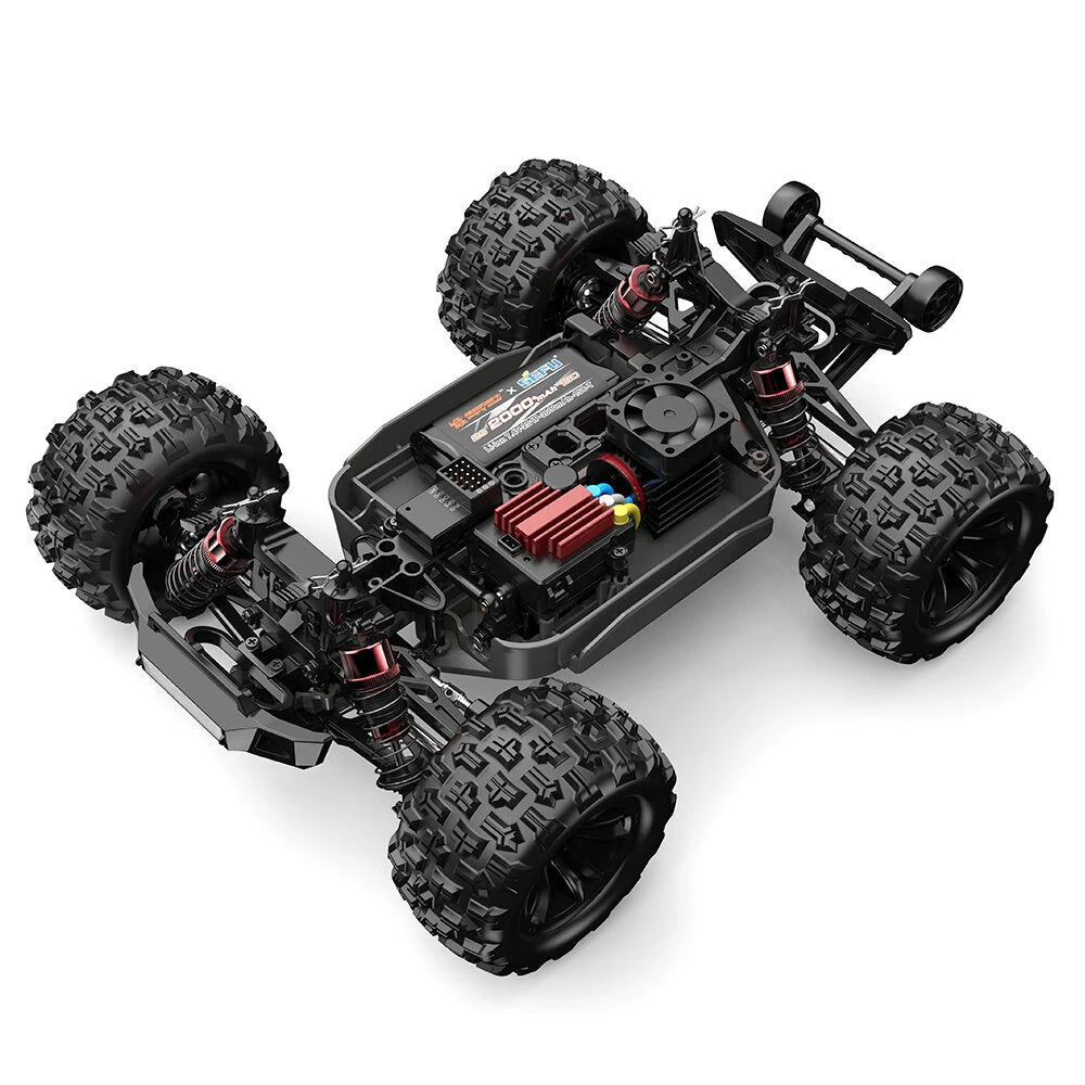 MJX Hyper Go 16212 truggy rear three quarter view showing big off road tyres, black rear wing and BRUSHLESS rear panel