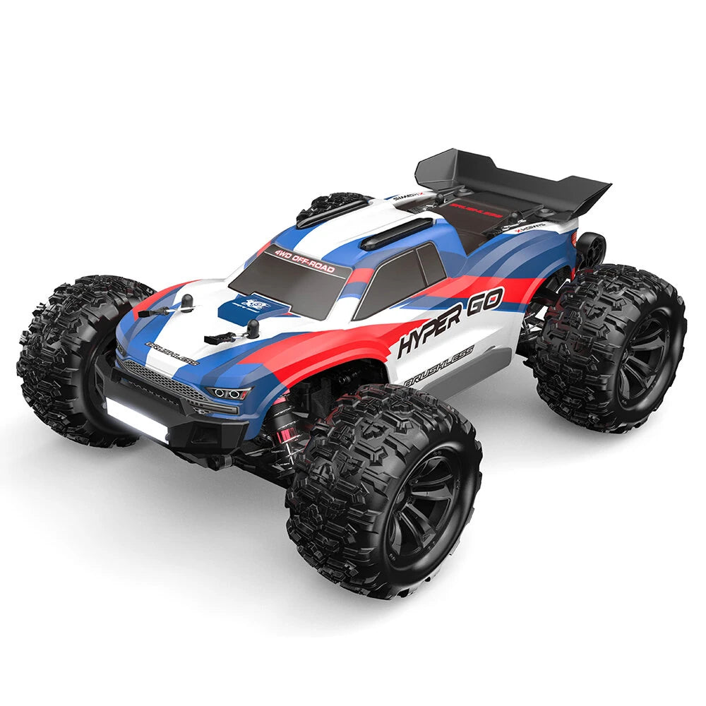 MJX Hyper Go 16212 chassis rear three quarter view with body removed showing full metal drivetrain, wheelie bar, red anodised shocks, ESC heat sink and 2S 2000mAh battery