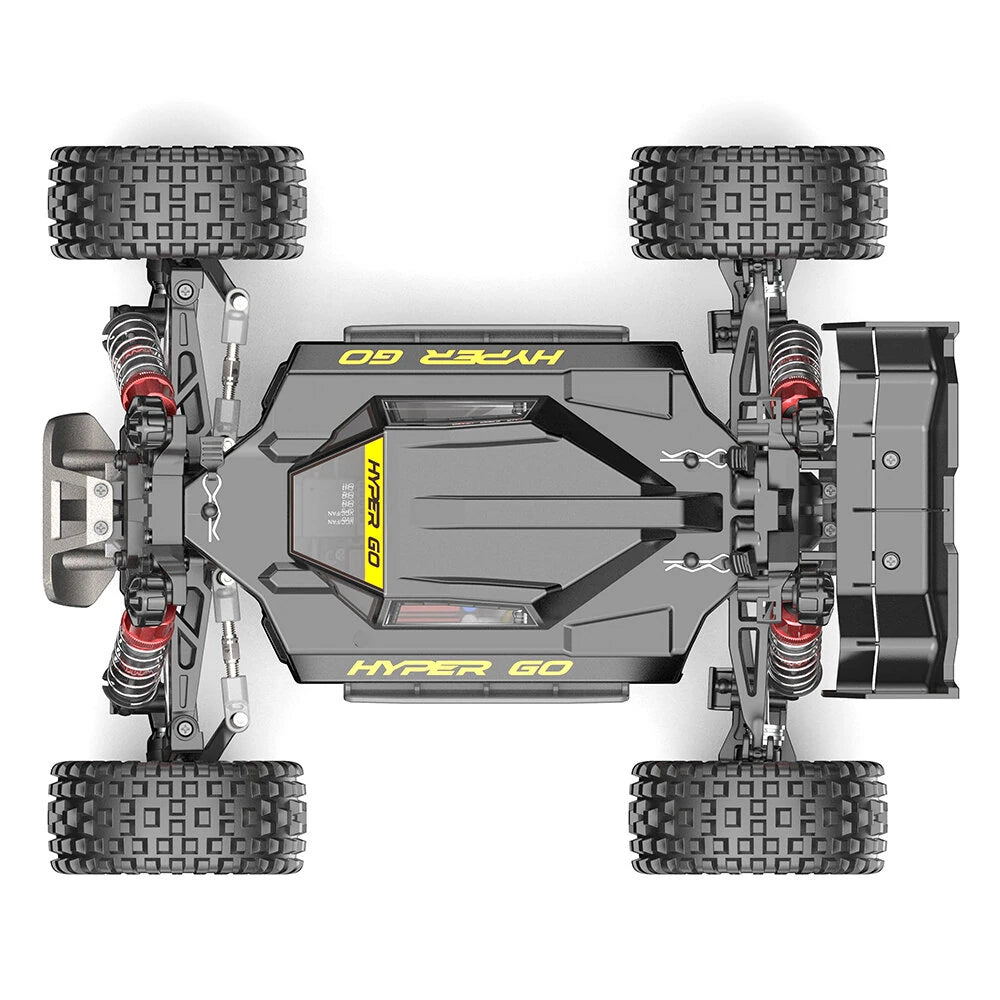 MJX Hyper Go 16213 chassis top down view with body removed showing HYPER GO branded skid plate, red anodised oil filled shocks, metal drivetrain and 4WD tyres