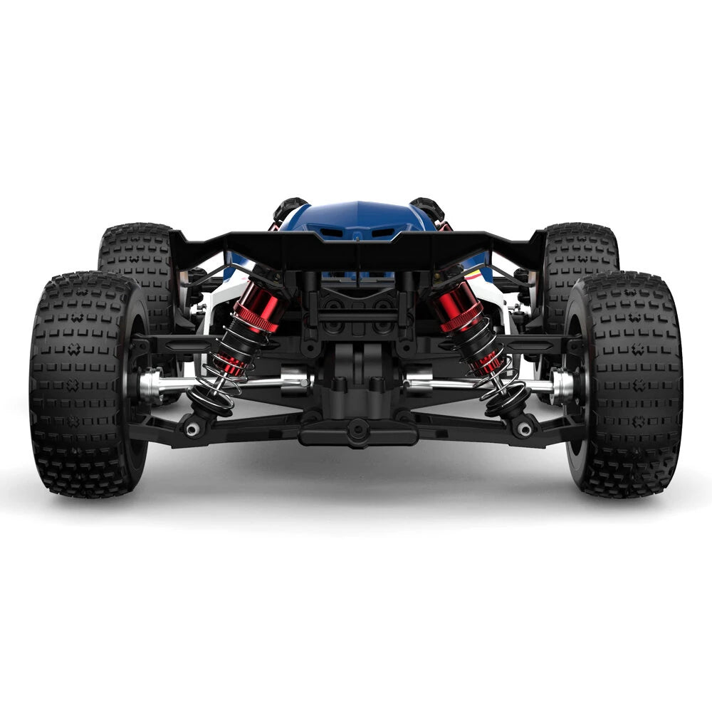 MJX Hyper Go 16213 buggy rear view showing large red anodised oil filled shocks, blue race shell cap and chunky off road tyres