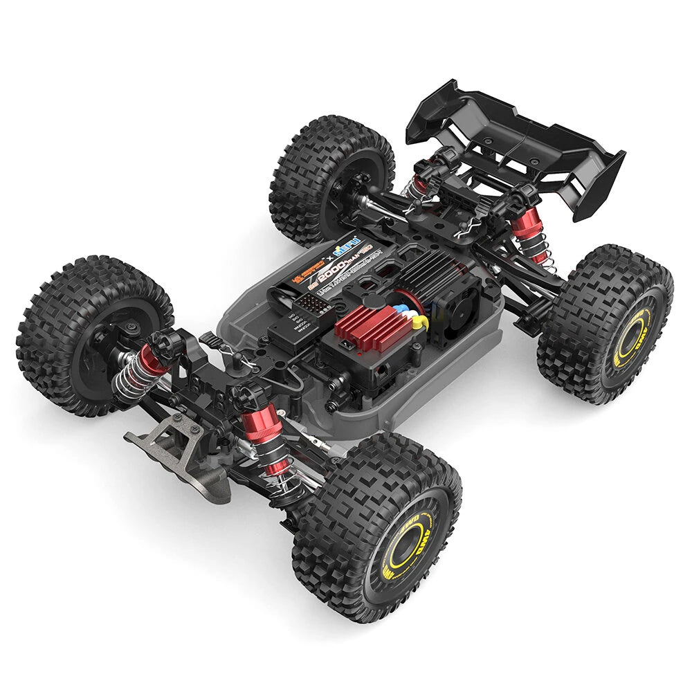 MJX Hyper Go 16213 chassis rear three quarter view with body removed showing rear wing, red anodised oil filled shocks, chunky off road tyres on yellow 4WD wheels and metal drivetrain