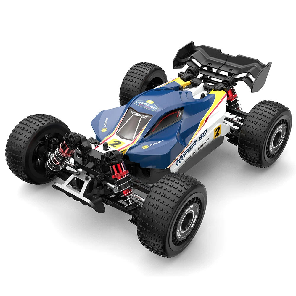 MJX Hyper Go 16213 1:16 brushless buggy front three quarter view in the blue white and yellow #2 race shell, fitted with hardpack rally style tyres