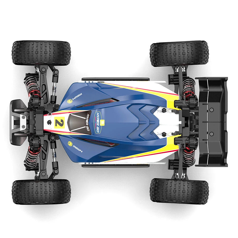 MJX Hyper Go 16213 buggy top down view in the blue white and yellow #2 race shell with hardpack rally style low profile tyres