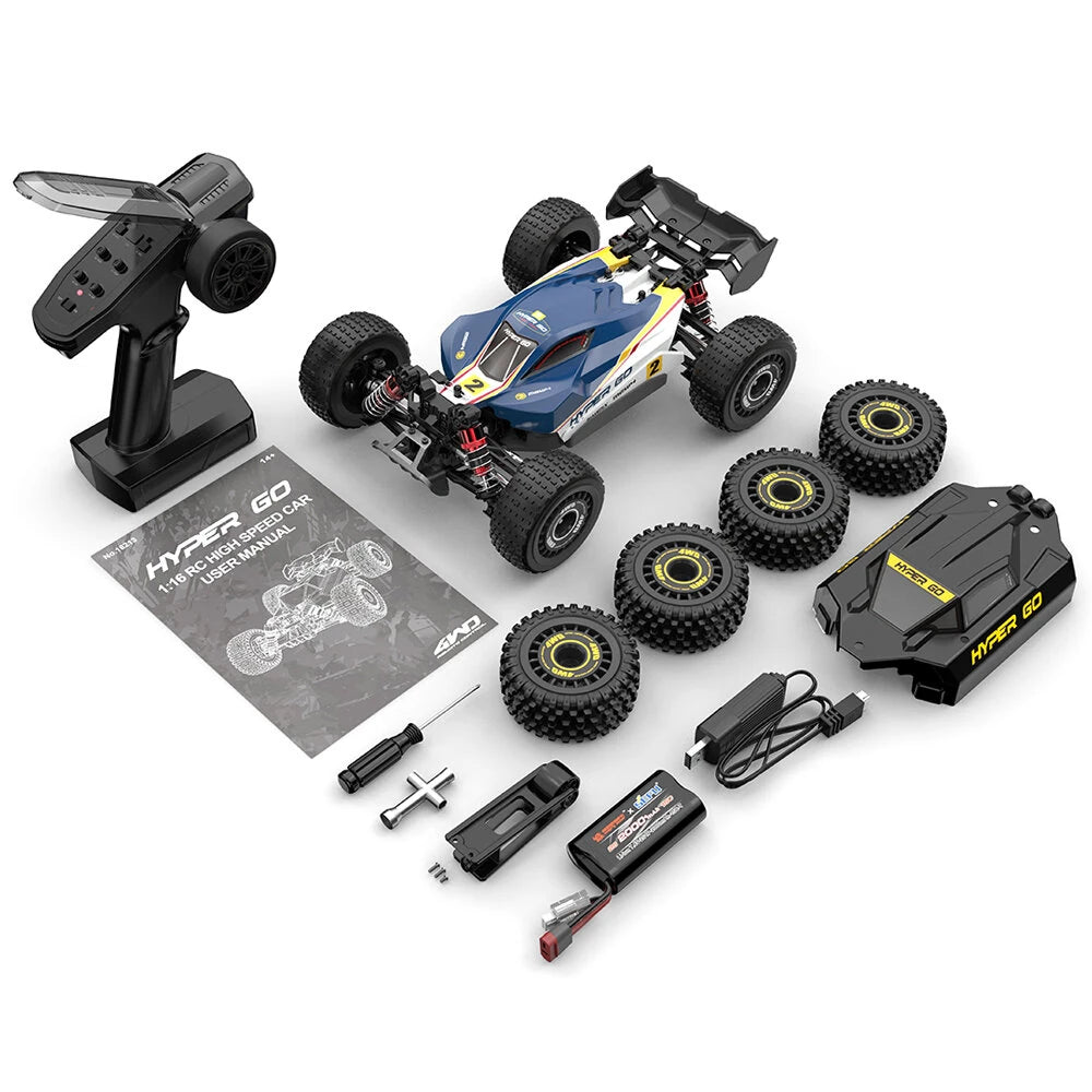MJX Hyper Go 16213 what is in the box: T3D 2.4GHz transmitter, buggy with blue #2 race shell fitted, spare black and yellow HYPER GO stealth shell, four spare off road wheels, 2S 2000mAh battery, USB charger, wheelie bar assembly, tools, screws and user manual