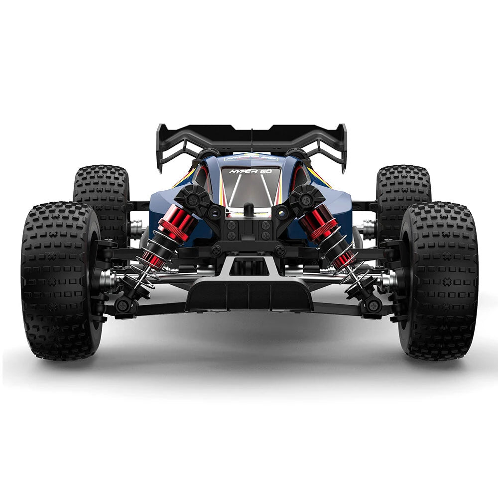 MJX Hyper Go 16213 buggy rear three quarter view showing large rear wing, red anodised oil filled shocks and blue #2 race body