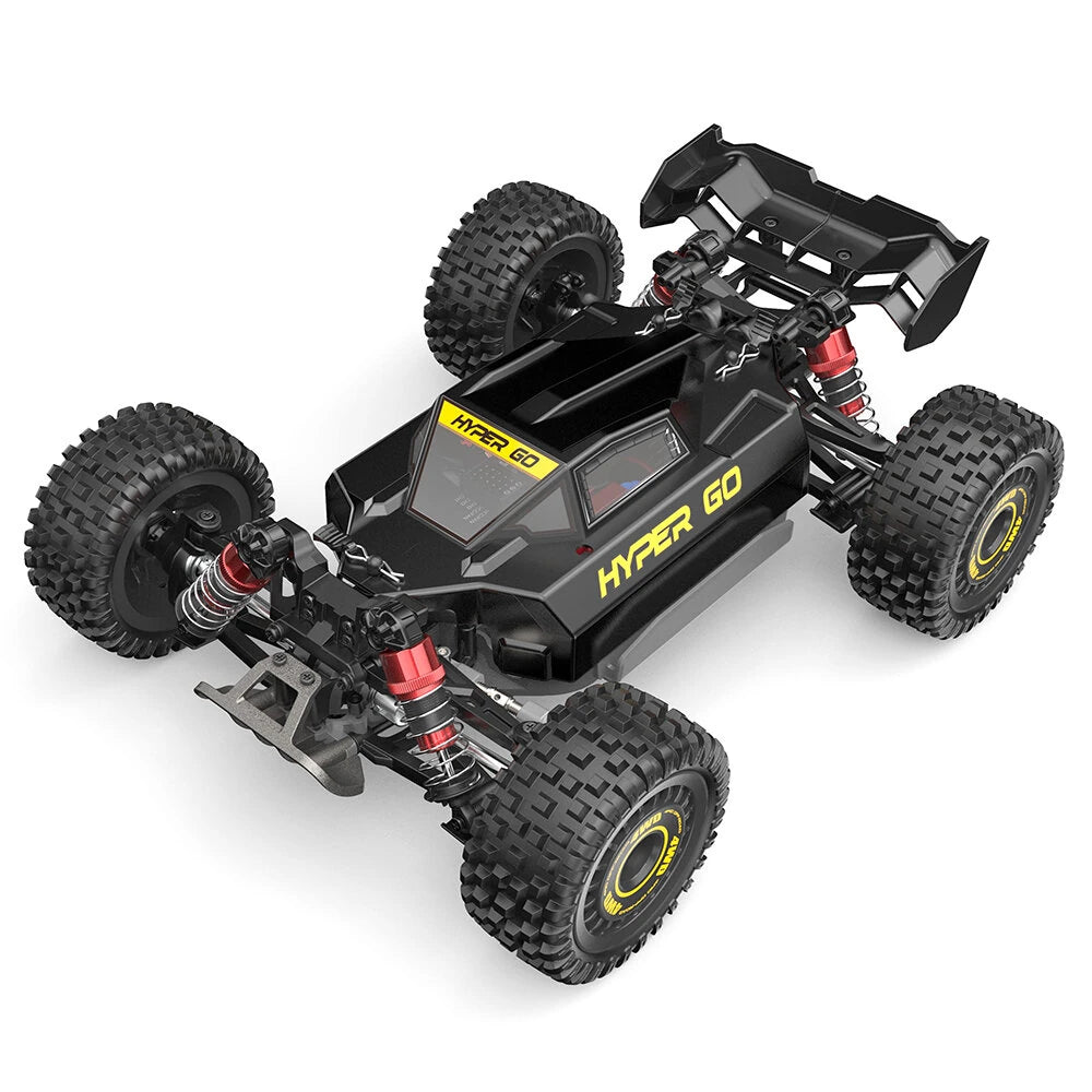 MJX Hyper Go 16213 buggy three quarter view in the black and yellow HYPER GO stealth shell with chunky off road tyres on yellow 4WD wheels