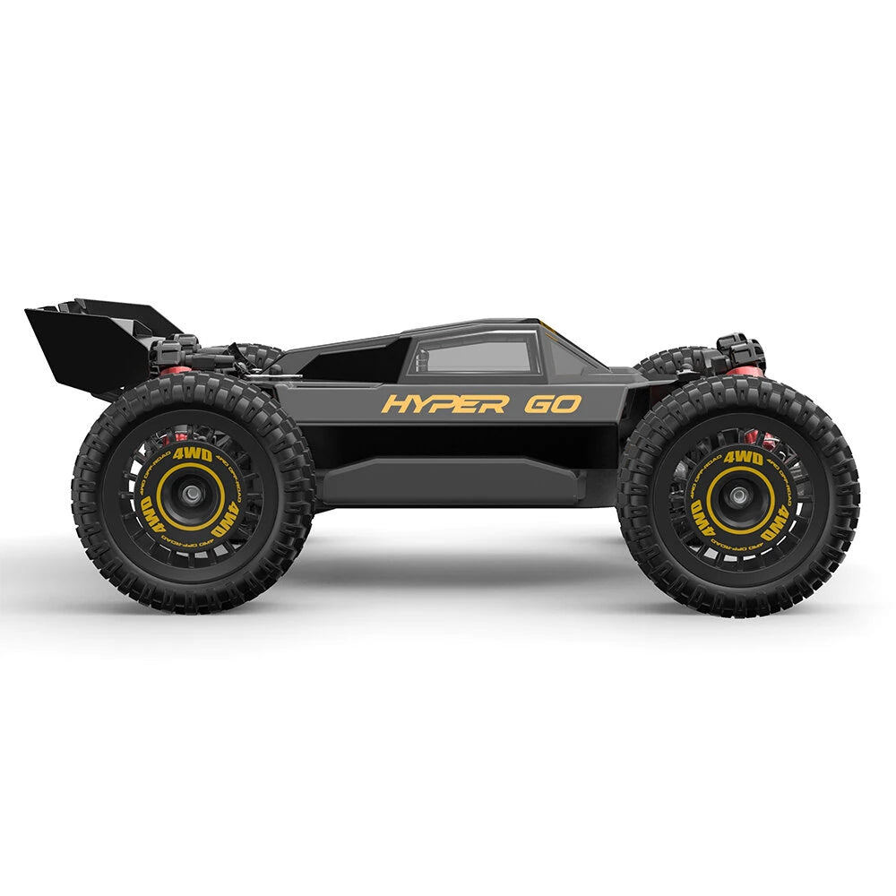 MJX Hyper Go 16213 buggy left side profile in the black and yellow HYPER GO stealth shell with chunky off road tyres
