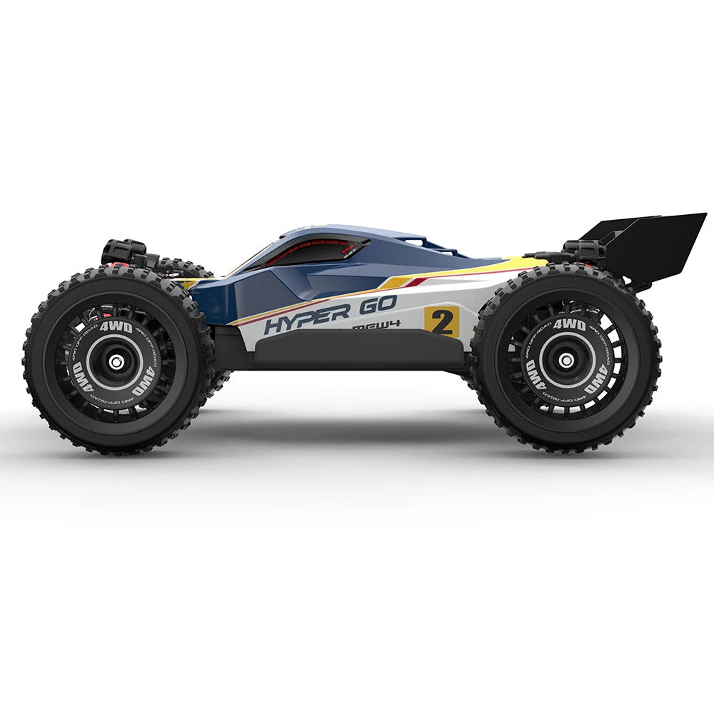 MJX Hyper Go 16213 buggy left side profile in the blue white and yellow #2 race shell with hardpack rally style low profile tyres
