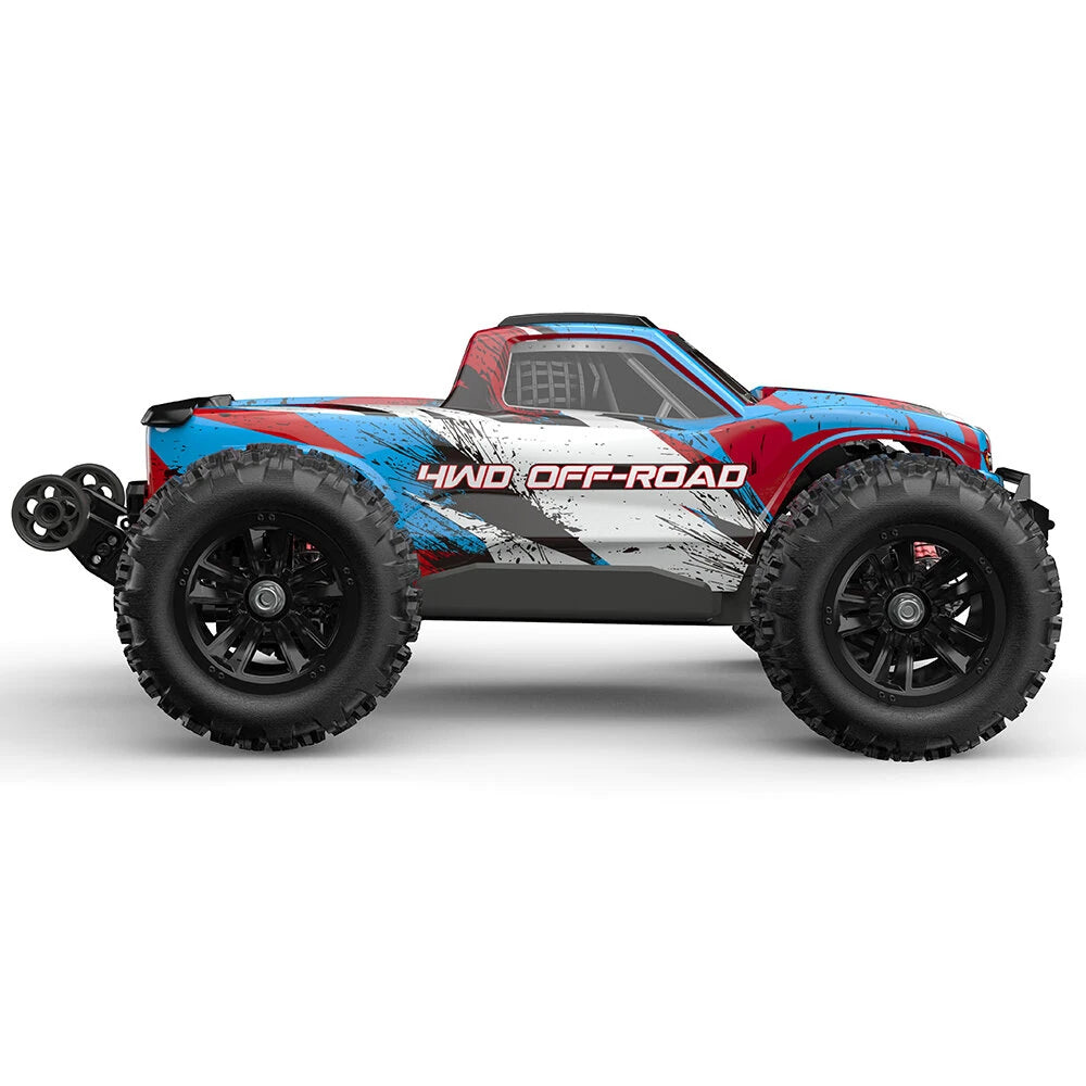 MJX Hyper Go 16218 1:16 brushless monster truck right side profile in blue red and white 4WD OFF-ROAD splatter livery, showing tall 40mm ride height, big chunky off road tyres and wheelie bar