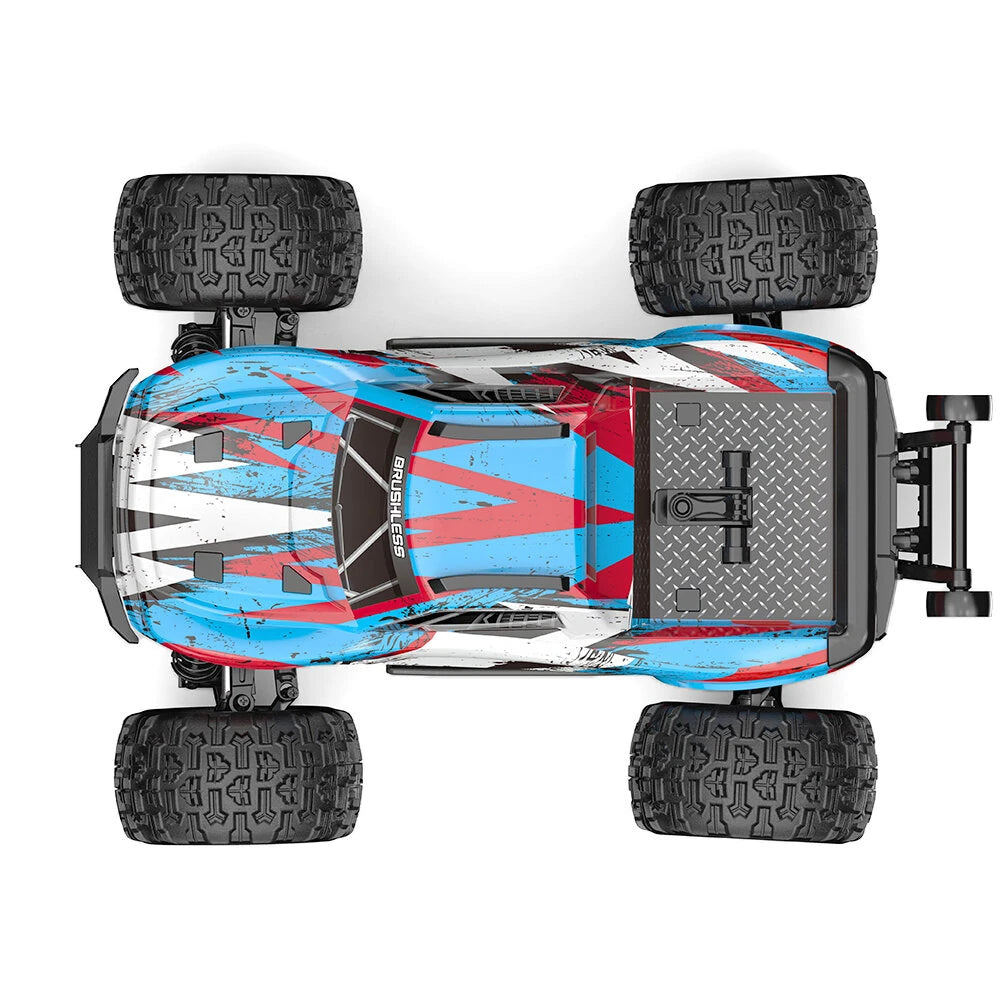 MJX Hyper Go 16218 monster truck top down view showing diamond plate rear bed, tinted rear cab window and full blue red and white splatter livery