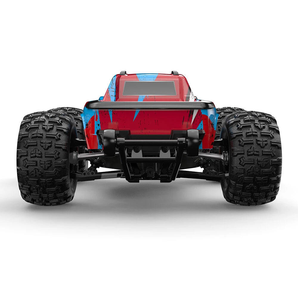 MJX Hyper Go 16218 monster truck rear view showing red rear panel with blue splatter graphics, twin wing ends and rear bumper wraparound