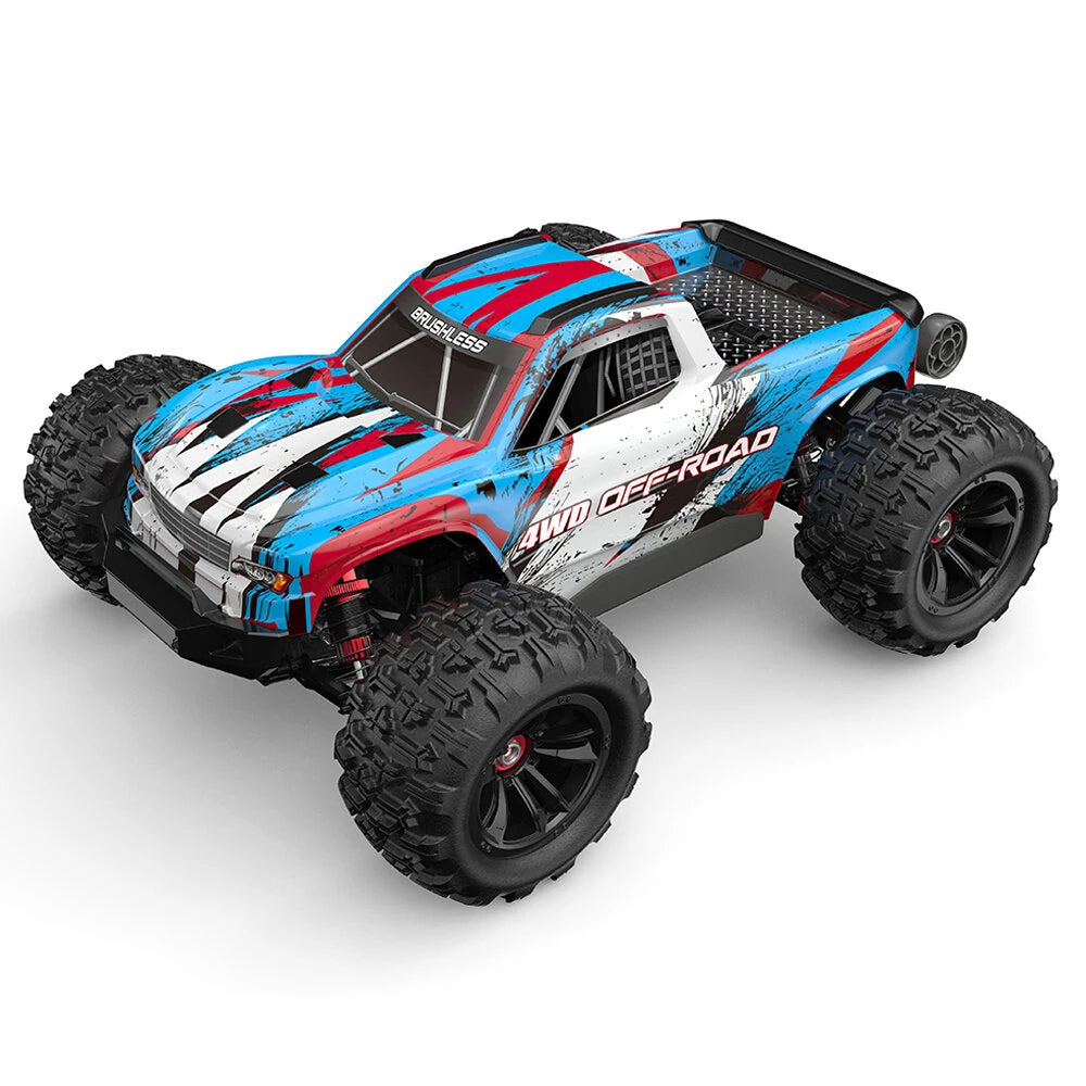 MJX Hyper Go 16218 1:16 brushless monster truck front three quarter view in the blue red and white 4WD OFF-ROAD splatter livery with tinted rear cab window