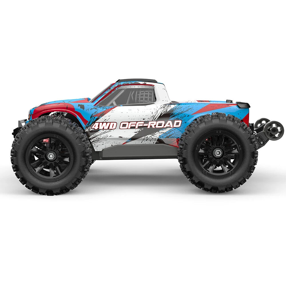 MJX Hyper Go 16218 1:16 brushless monster truck left side profile in blue red and white 4WD OFF-ROAD splatter livery, showing tall 40mm ride height and big chunky off road tyres