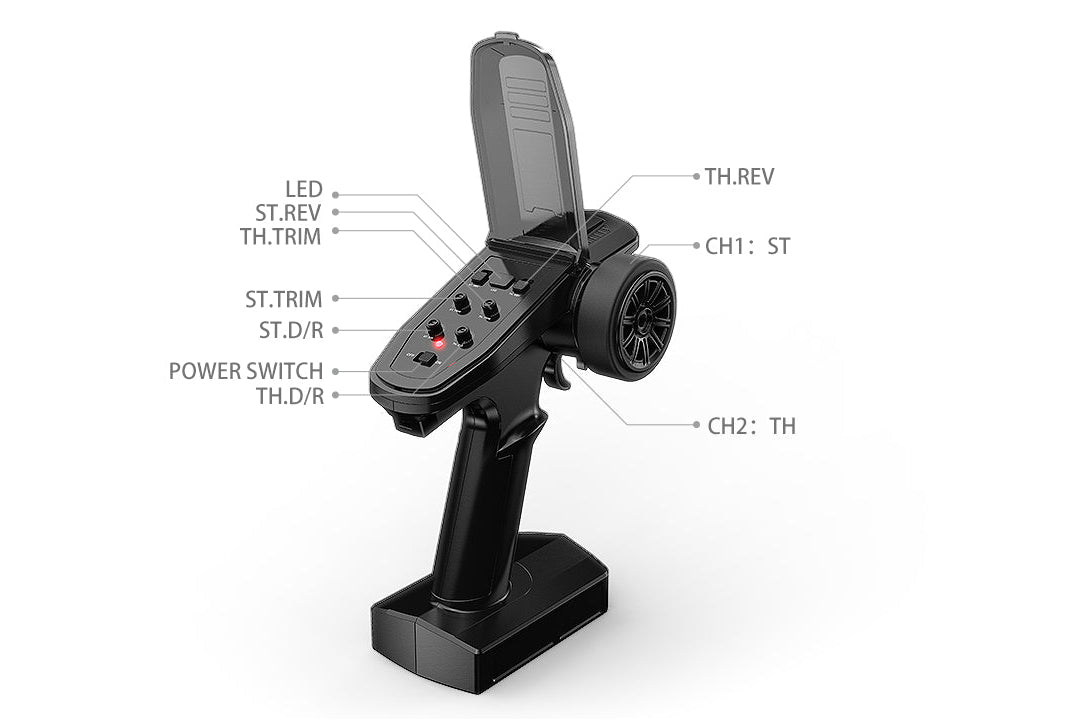 MJX Hyper Go T3D 2.4GHz transmitter with labelled controls: LED, steering reverse, throttle trim, steering trim, steering dual rate, power switch, throttle dual rate, throttle reverse and CH1 CH2 outputs